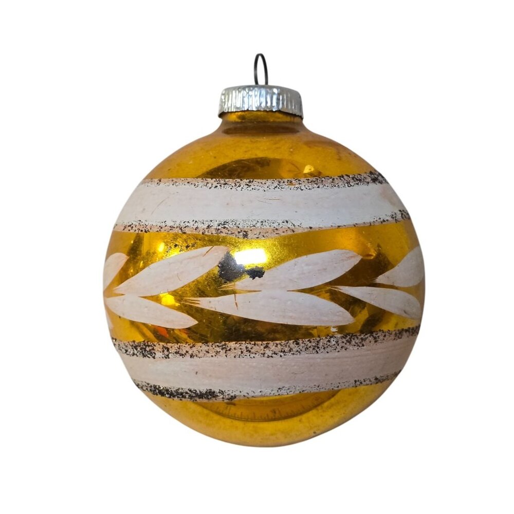Vintage Glass Christmas Tree Ornament West Germany Yellow Gold White ball